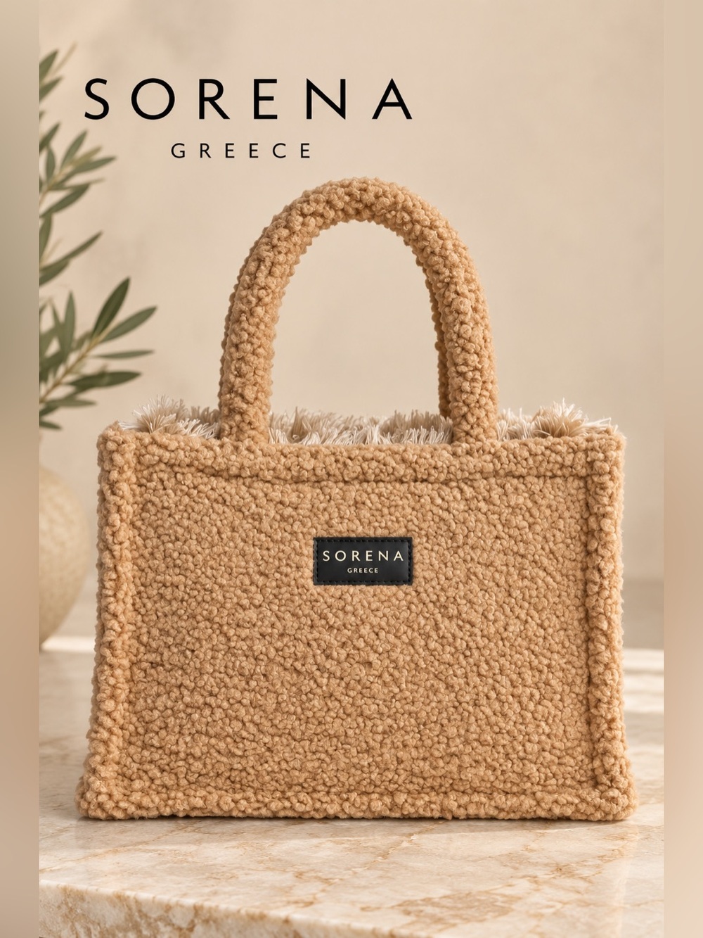 Sorena Greece Camel Teddy Sherpa Tote Bag Red Interior